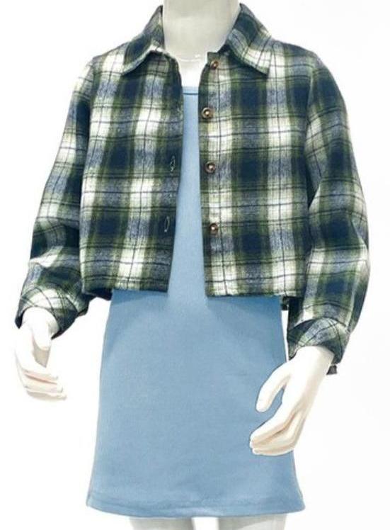 Spaghetti Strap Blue Grey Dress & Green Flannel Shirt - Calla Lily Cosmetics + CL kids