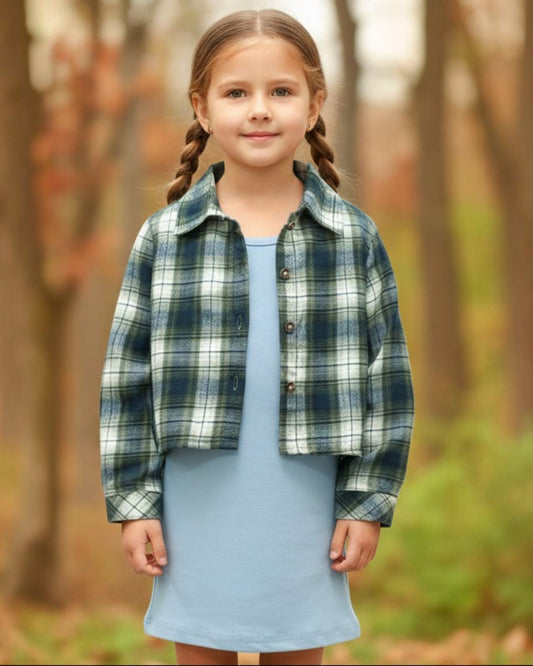 Spaghetti Strap Blue Grey Dress & Green Flannel Shirt - Calla Lily Cosmetics + CL kids