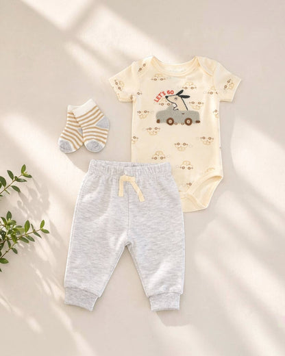 Baby outfit set with bodysuit, pants, and socks on a light background