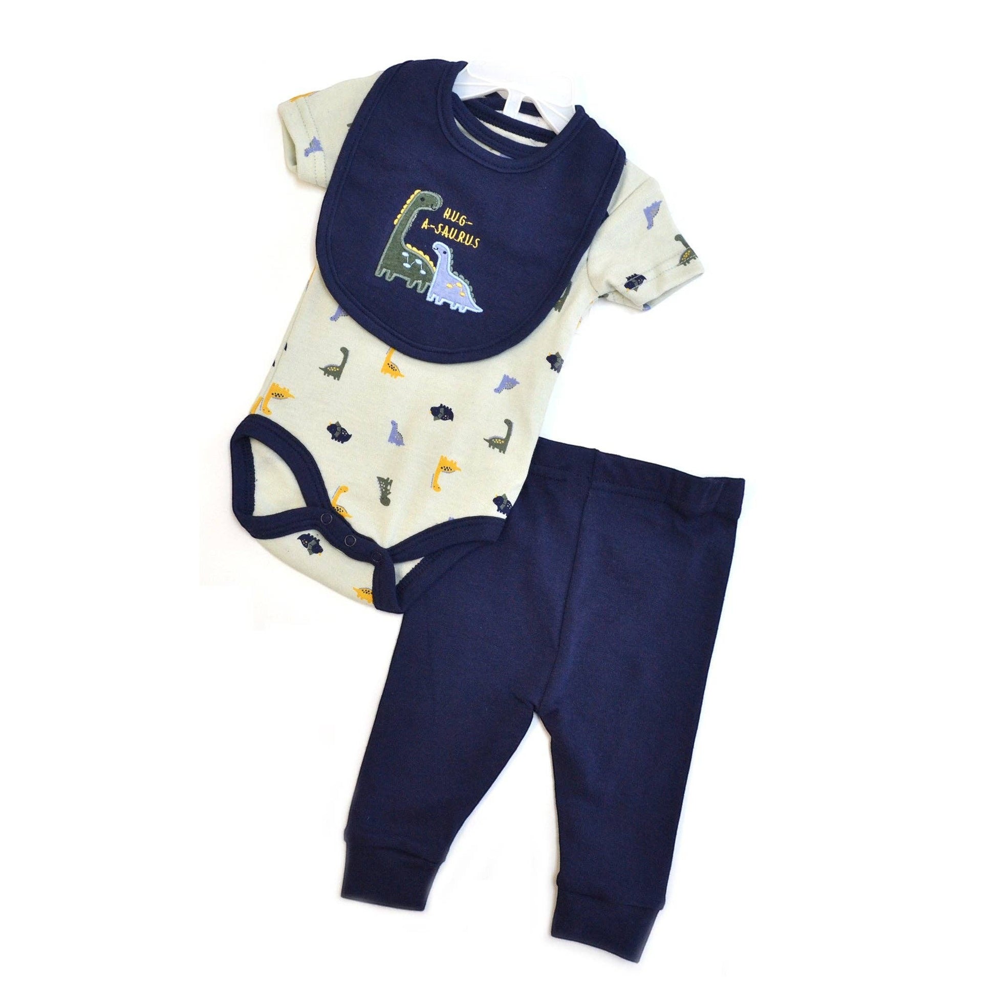 Baby outfit set with onesie, bib, and pants on a white background