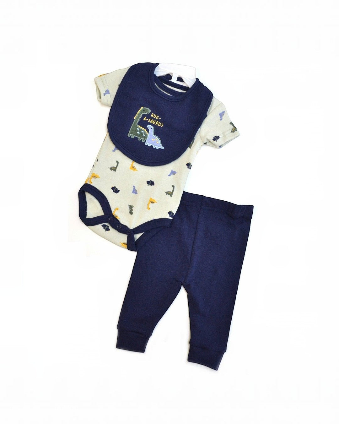 Baby outfit set with onesie, bib, and pants on a white background