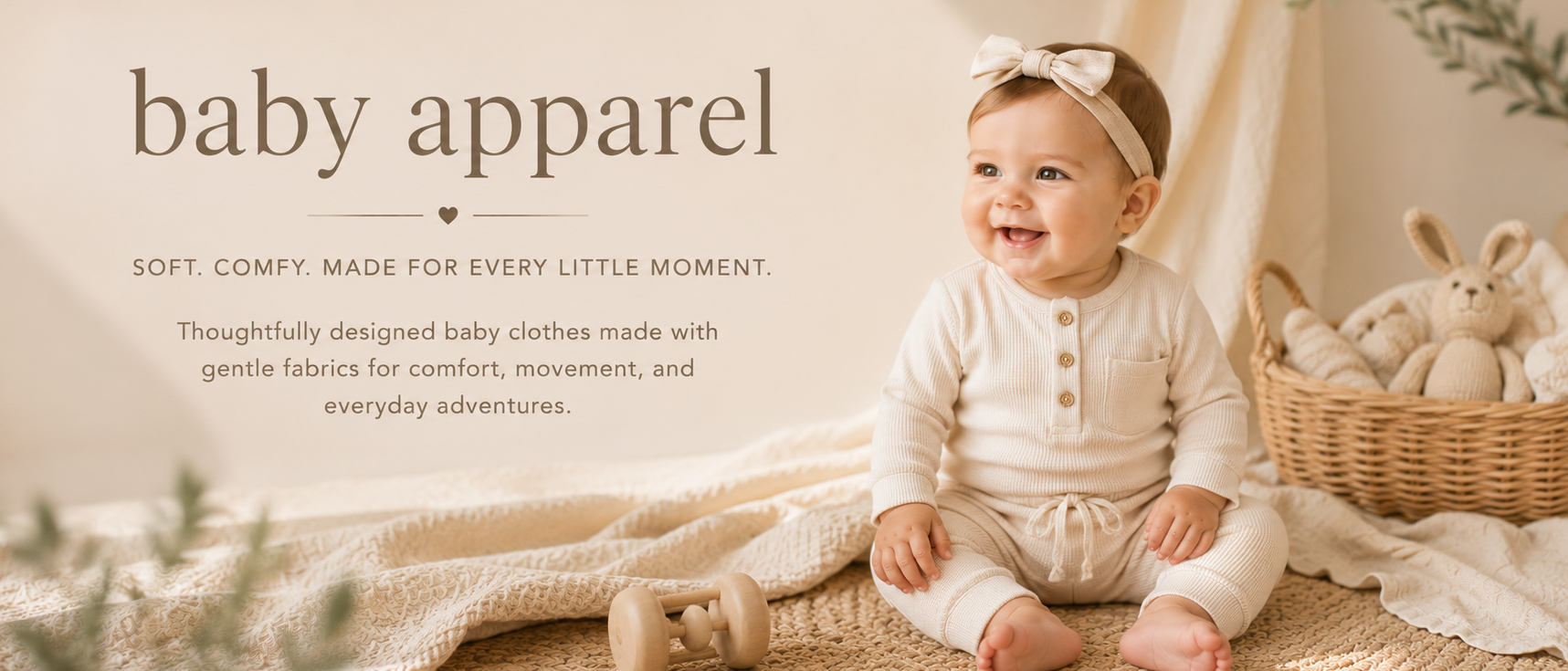 Baby sitting on a blanket with text about baby apparel