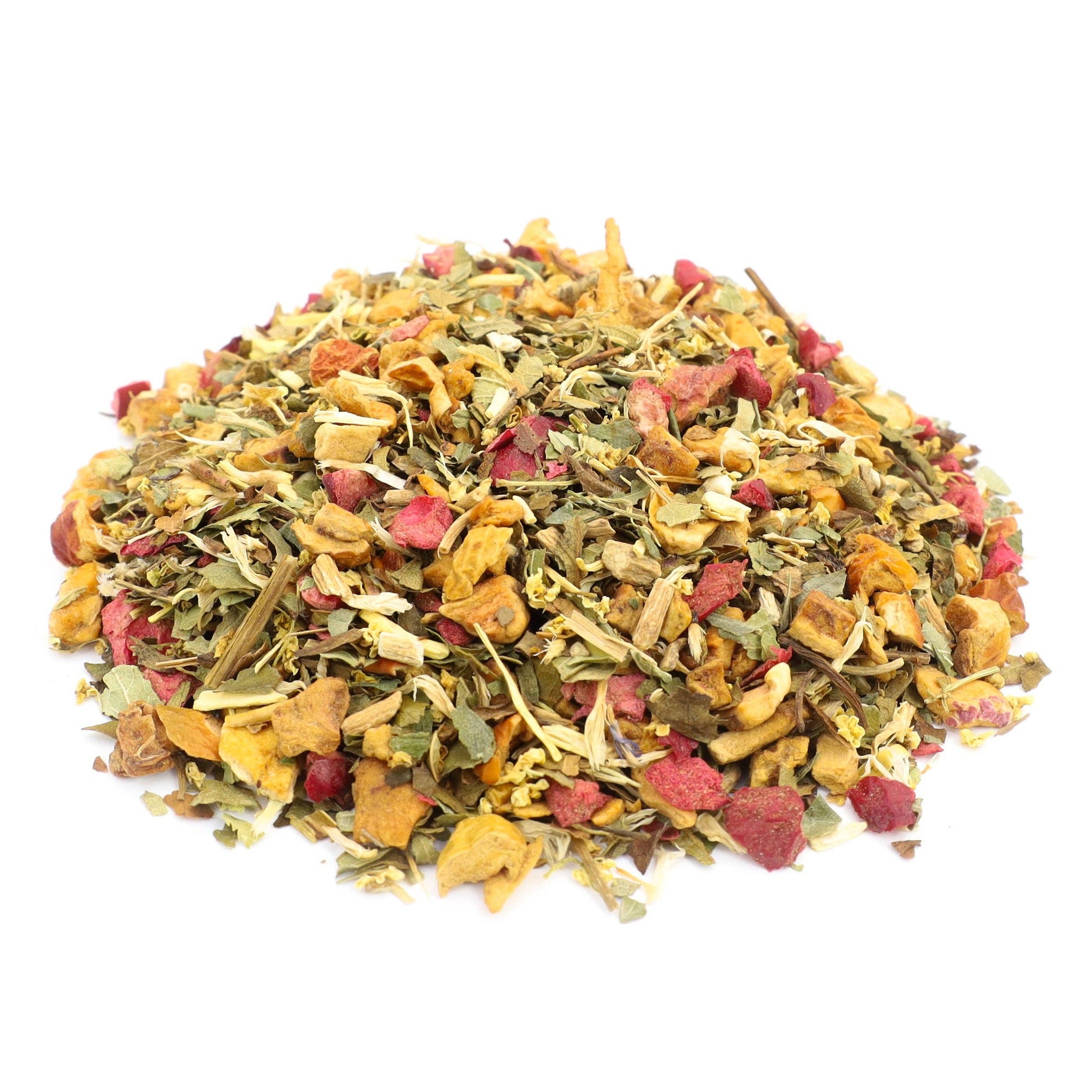 A pile of loose-leaf herbal tea blend containing dried green leaves, orange-brown roots, and pink dried fruit pieces, photographed on a solid white background.
