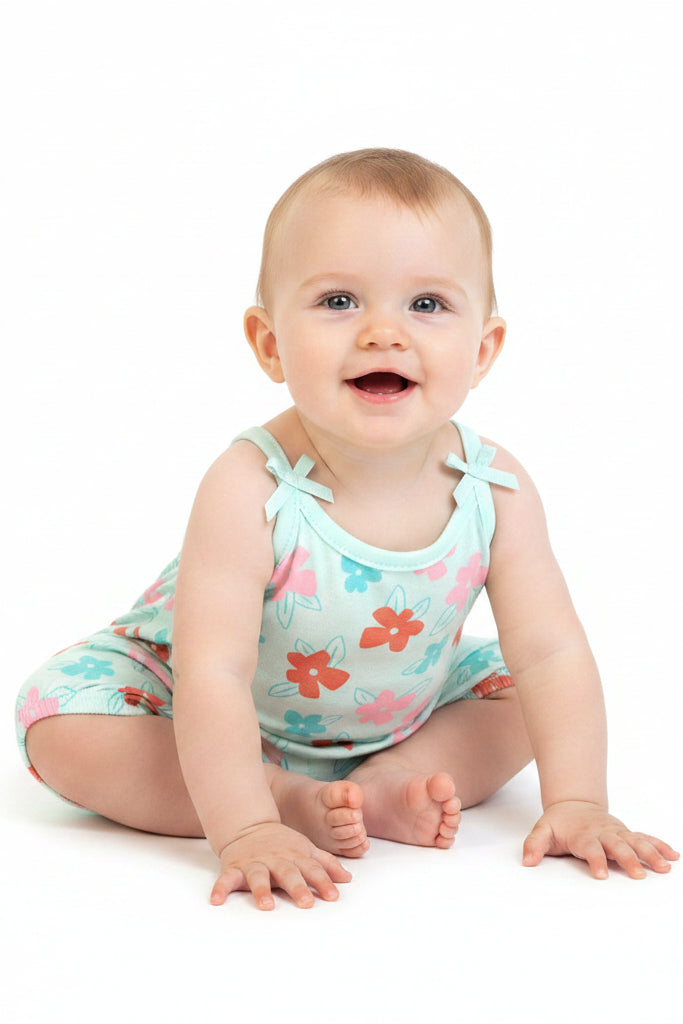 Floral-patterned baby romper on a white background