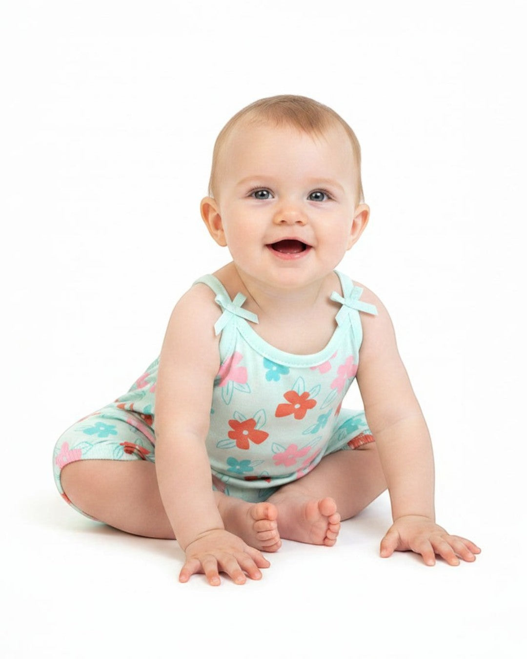 Floral-patterned baby romper on a white background