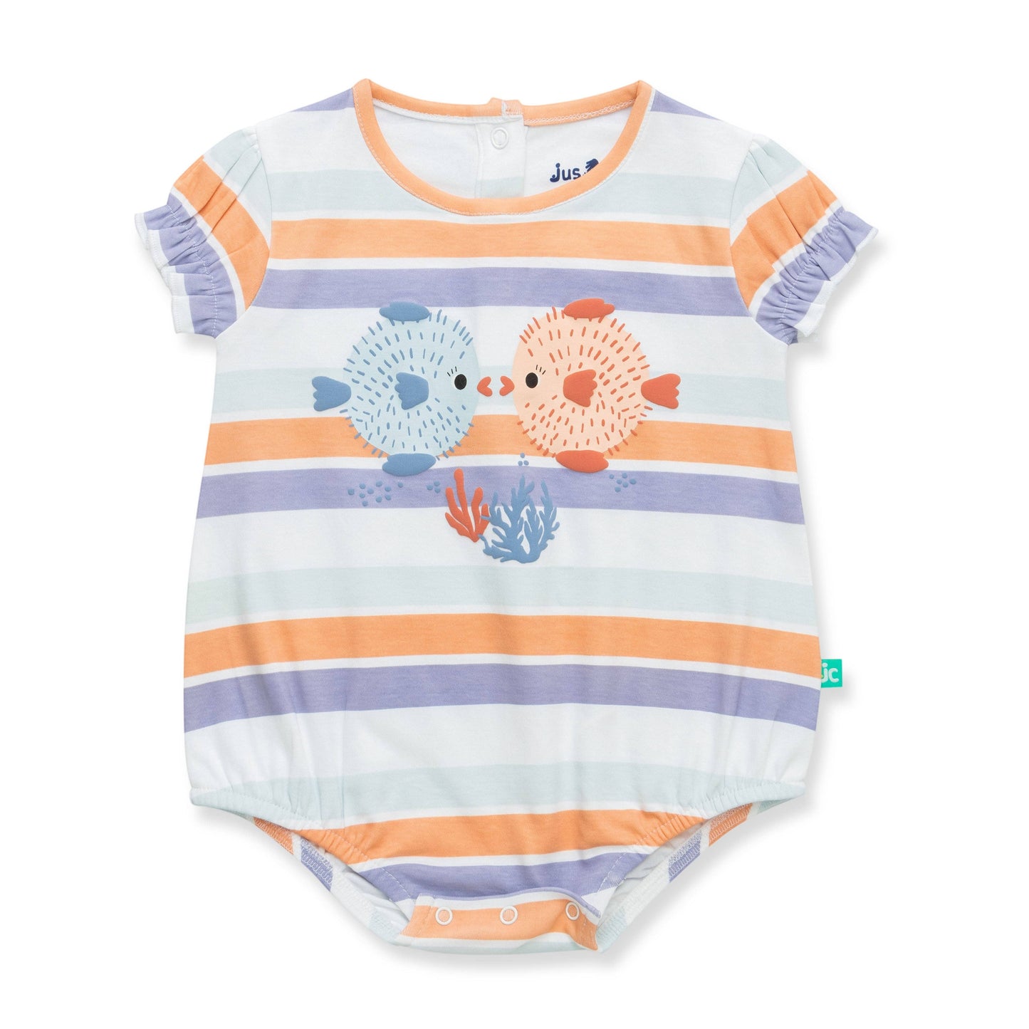Striped baby onesie with fish design on a white background
