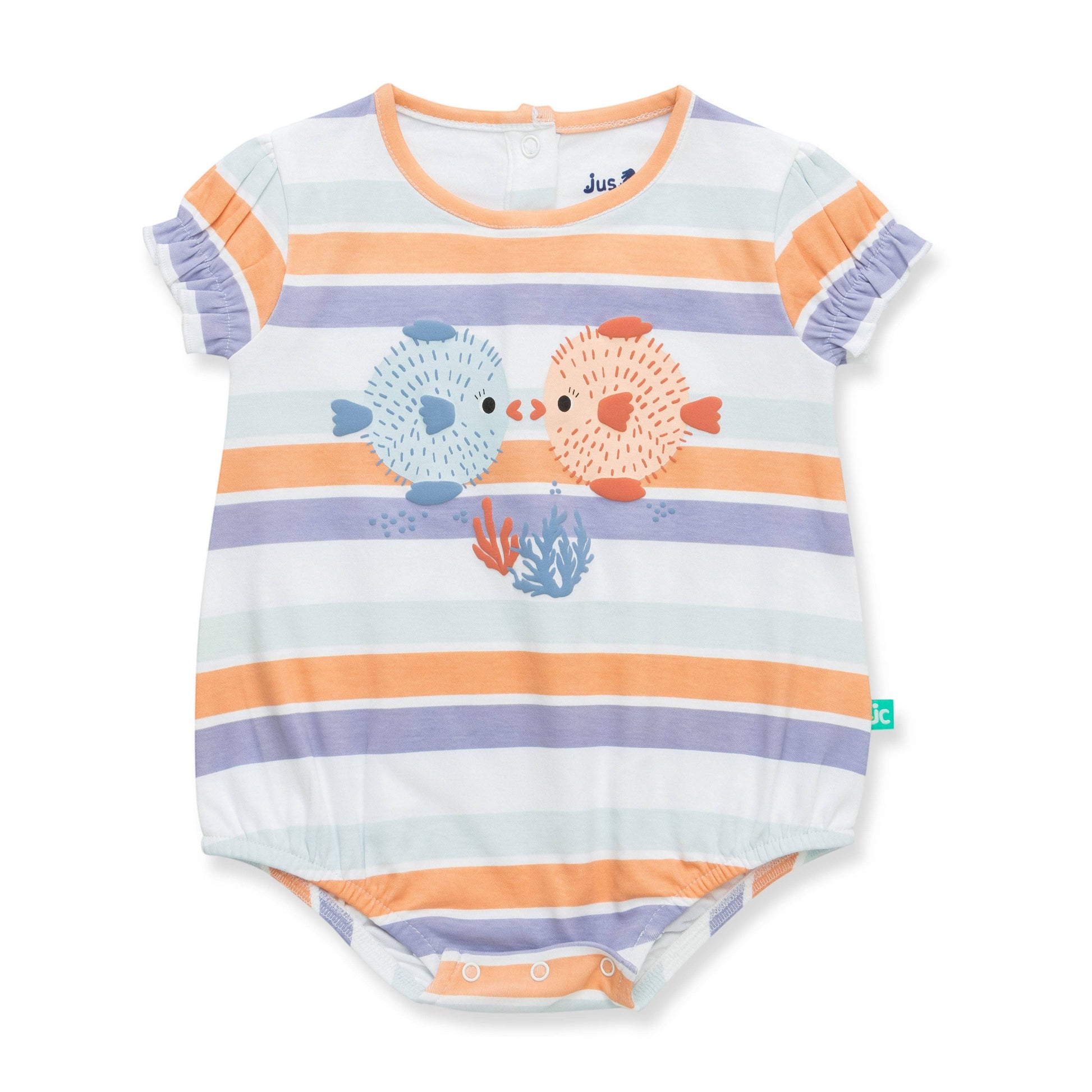 Striped baby onesie with fish design on a white background