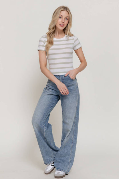 Short Sleeve Sage Stripe Crop Top
