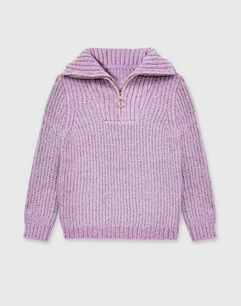 Girl's Pullover Lilac Sweater w/ Zip Front