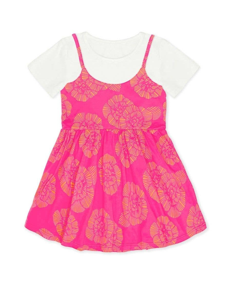 Pink dress with yellow floral pattern on a white background