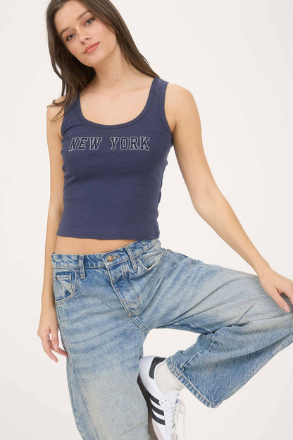 New York Embroidered Cropped Knit Tank Top