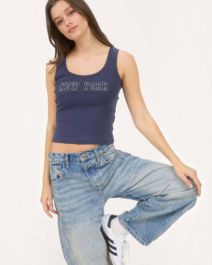 New York Embroidered Cropped Knit Tank Top