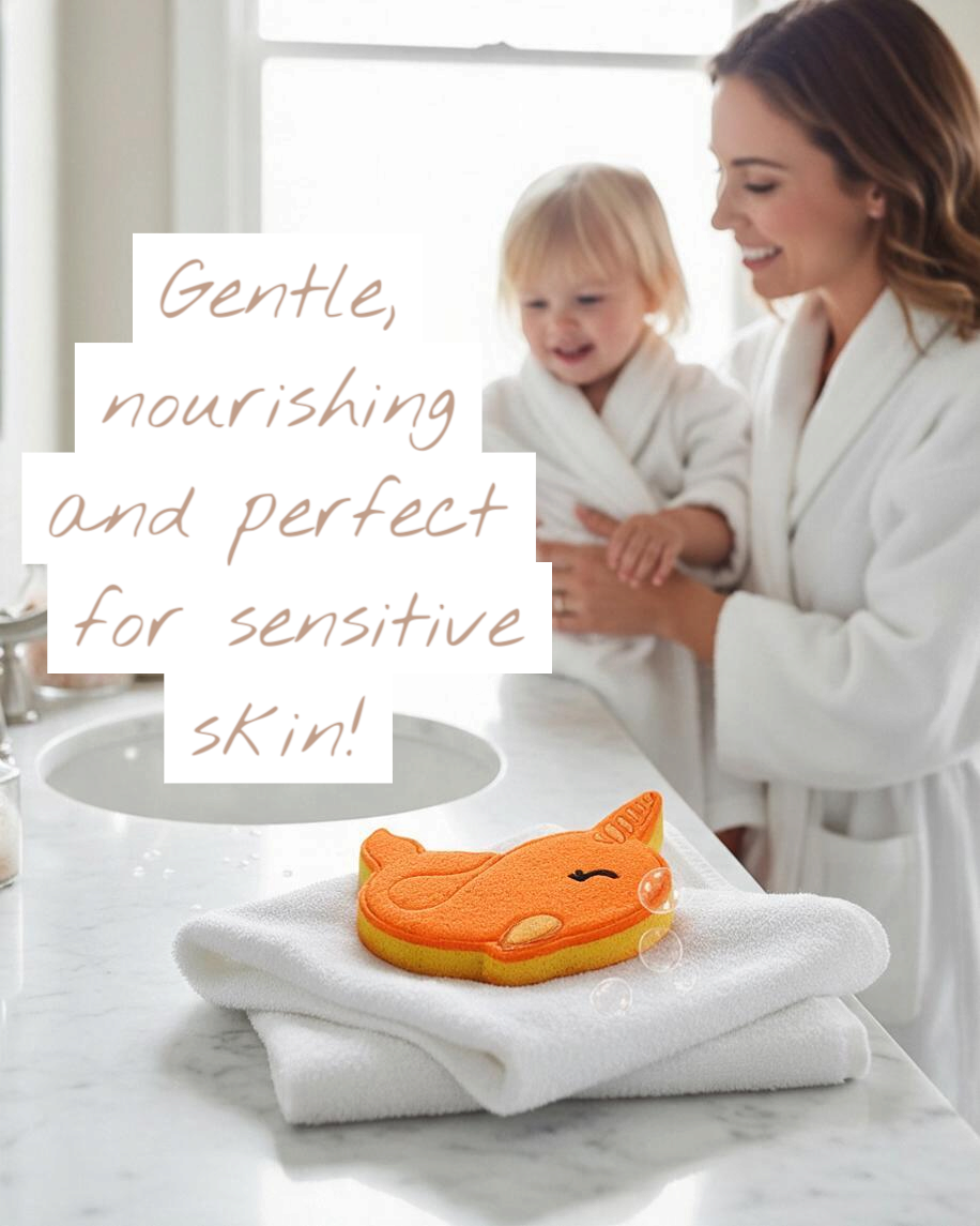 Calla Lily Cosmetics + CL kids orange narwhal bath bomb on a white towel with a mother and child in the background