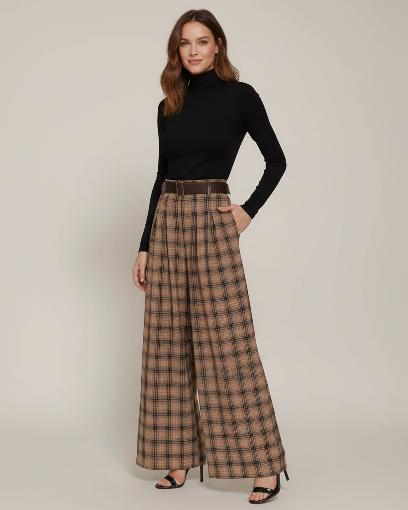 A woman modeling a black long-sleeve mock neck top and high-waisted brown plaid wide-leg trousers with a matching brown belt, paired with black flat sandals, against a light beige studio background.