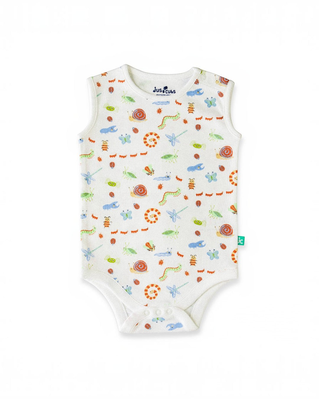 Baby onesie with colorful animal pattern on a white background