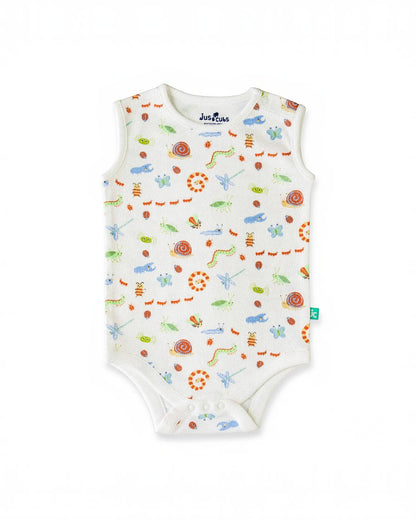 Baby onesie with colorful animal pattern on a white background