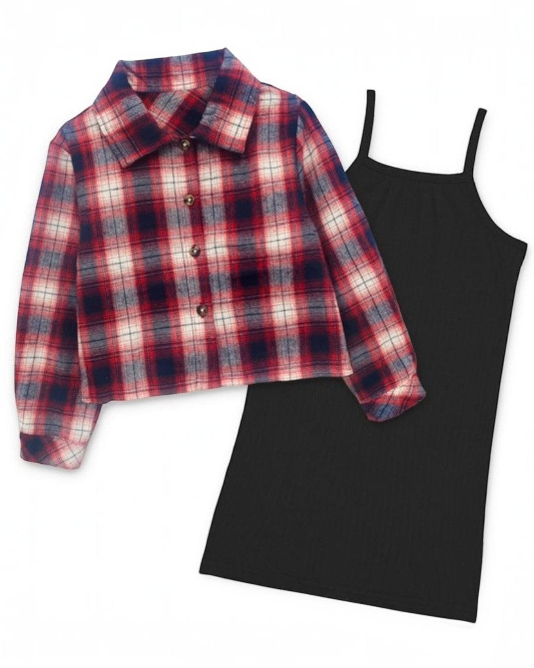 Spaghetti Strap Black Dress & Red Flannel Shirt - Calla Lily Cosmetics + CL kids