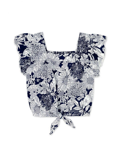 Girl's Fashion Top w/ Ruffle Sleeve & Tie-Front - Black
