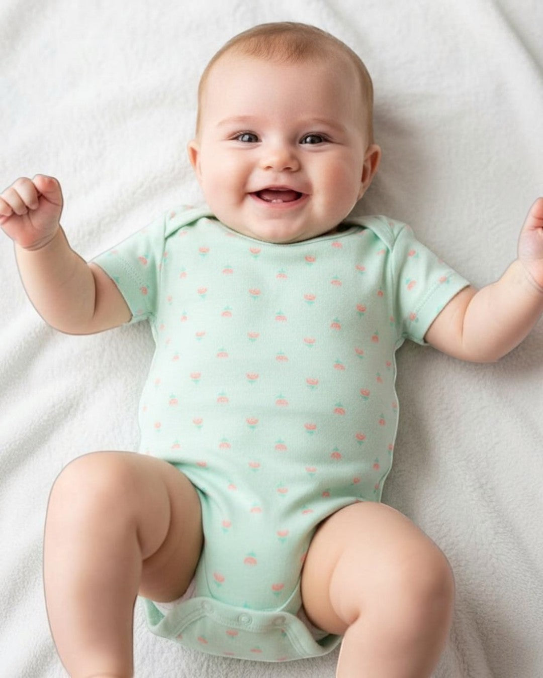 Mint green baby onesie with small patterns on a white background