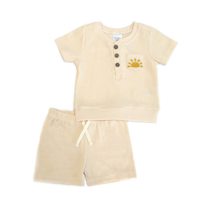 Cream Boys 2pc Waffle Knit Top & Shorts Sets
