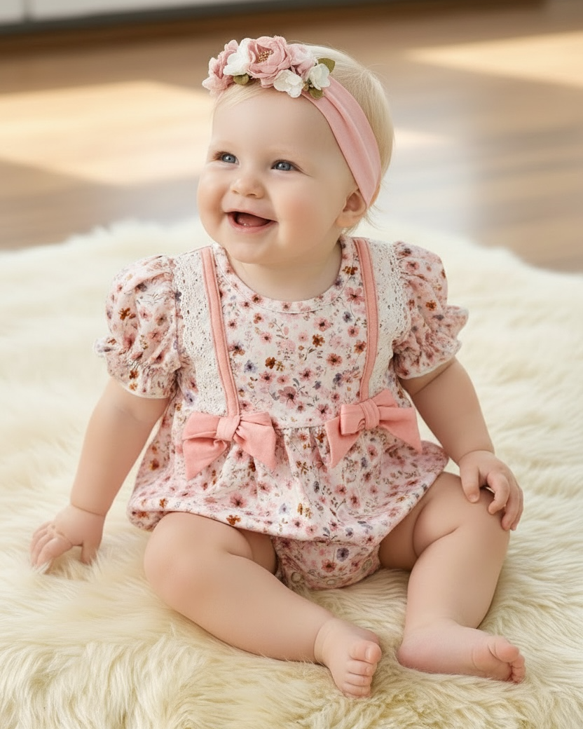 Baby girl in a floral outfit with pink suspenders and headband sitting on a fluffy white rug.