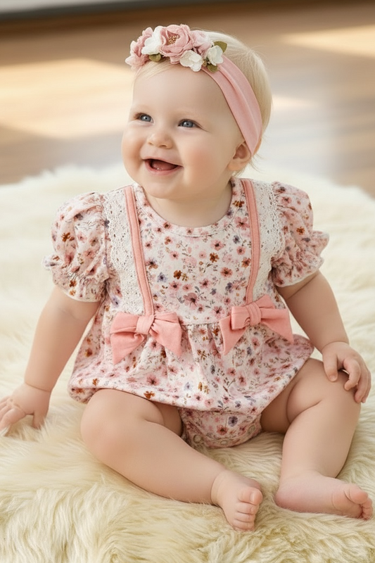 Baby girl in a floral outfit with pink suspenders and headband sitting on a fluffy white rug.
