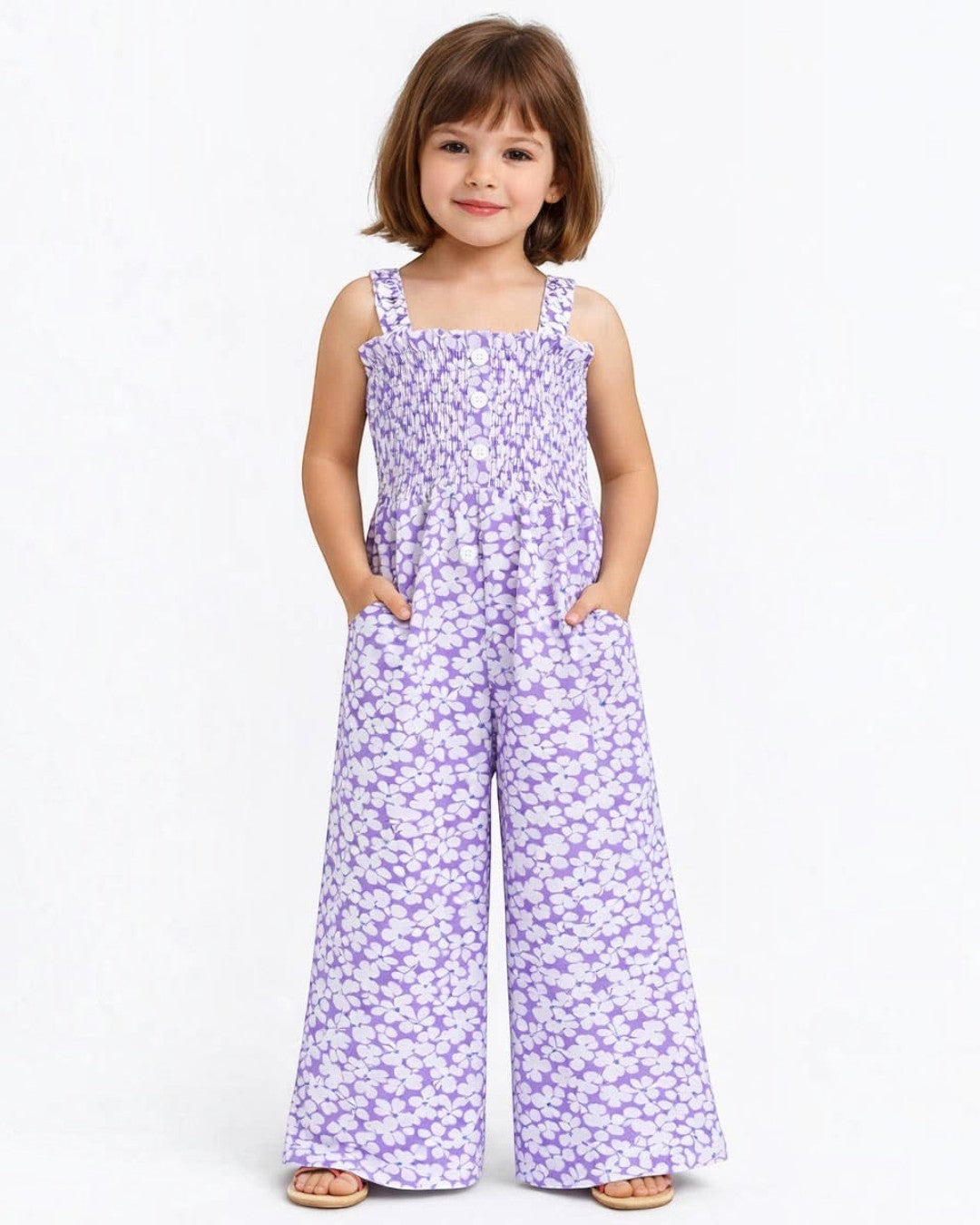 Young girl wearing a purple floral jumpsuit on a white background