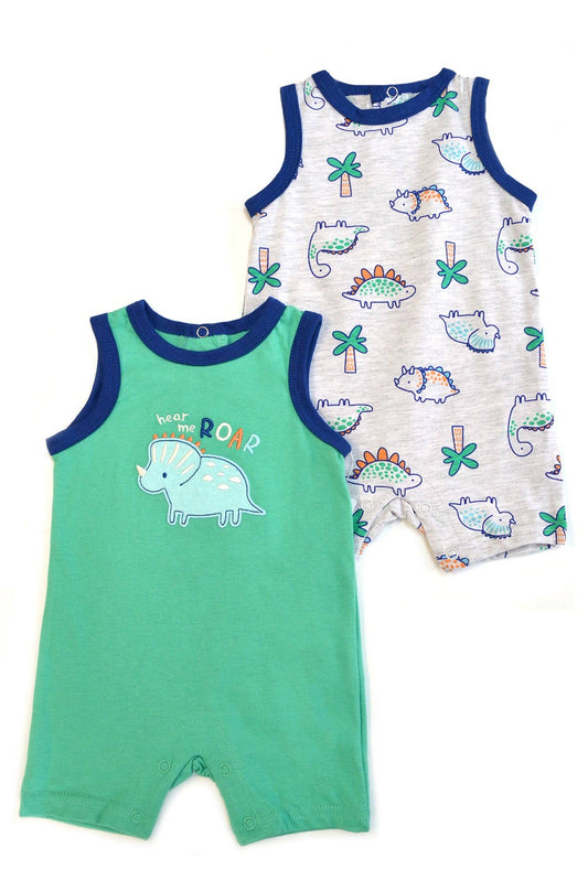 Two baby rompers with dinosaur prints on a white background