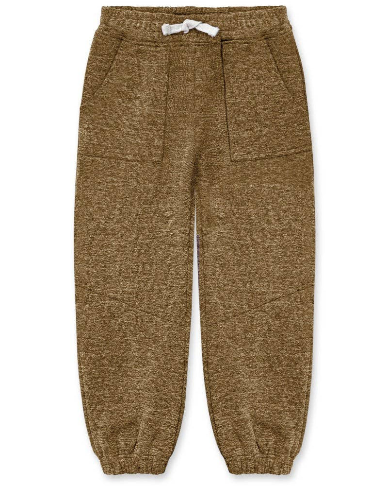 A pair of brown heathered knit jogger pants with an elastic waistband, white drawstring, and side pockets, shown flat on a white background.