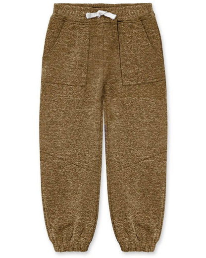 A pair of brown heathered knit jogger pants with an elastic waistband, white drawstring, and side pockets, shown flat on a white background.