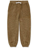 A pair of brown heathered knit jogger pants with an elastic waistband, white drawstring, and side pockets, shown flat on a white background.