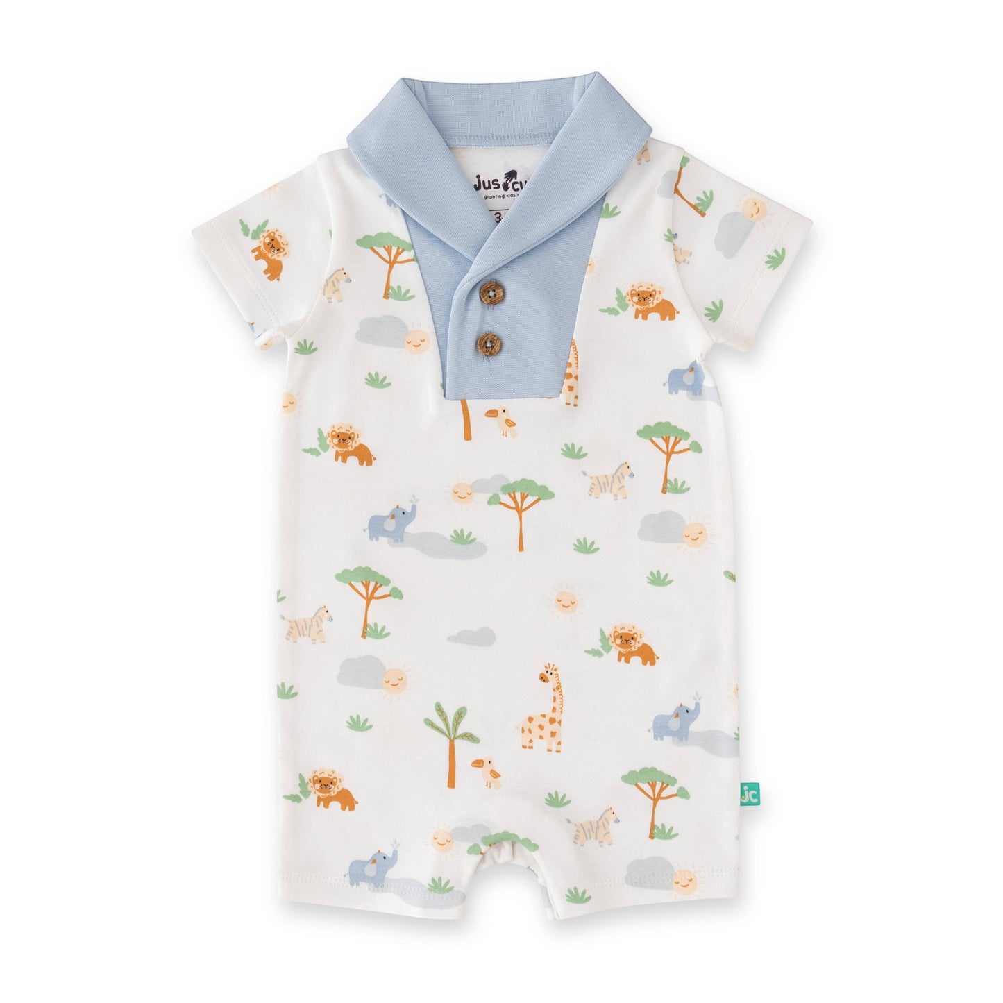 Baby romper with animal pattern and blue collar on a white background