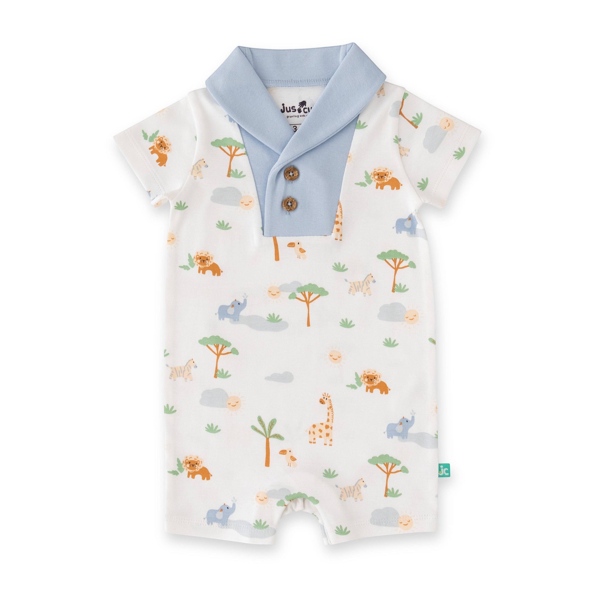 Baby romper with animal pattern and blue collar on a white background