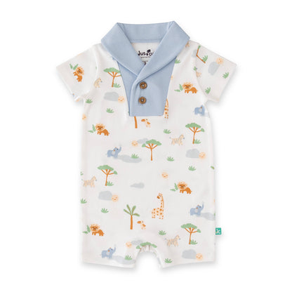 Baby romper with animal pattern and blue collar on a white background