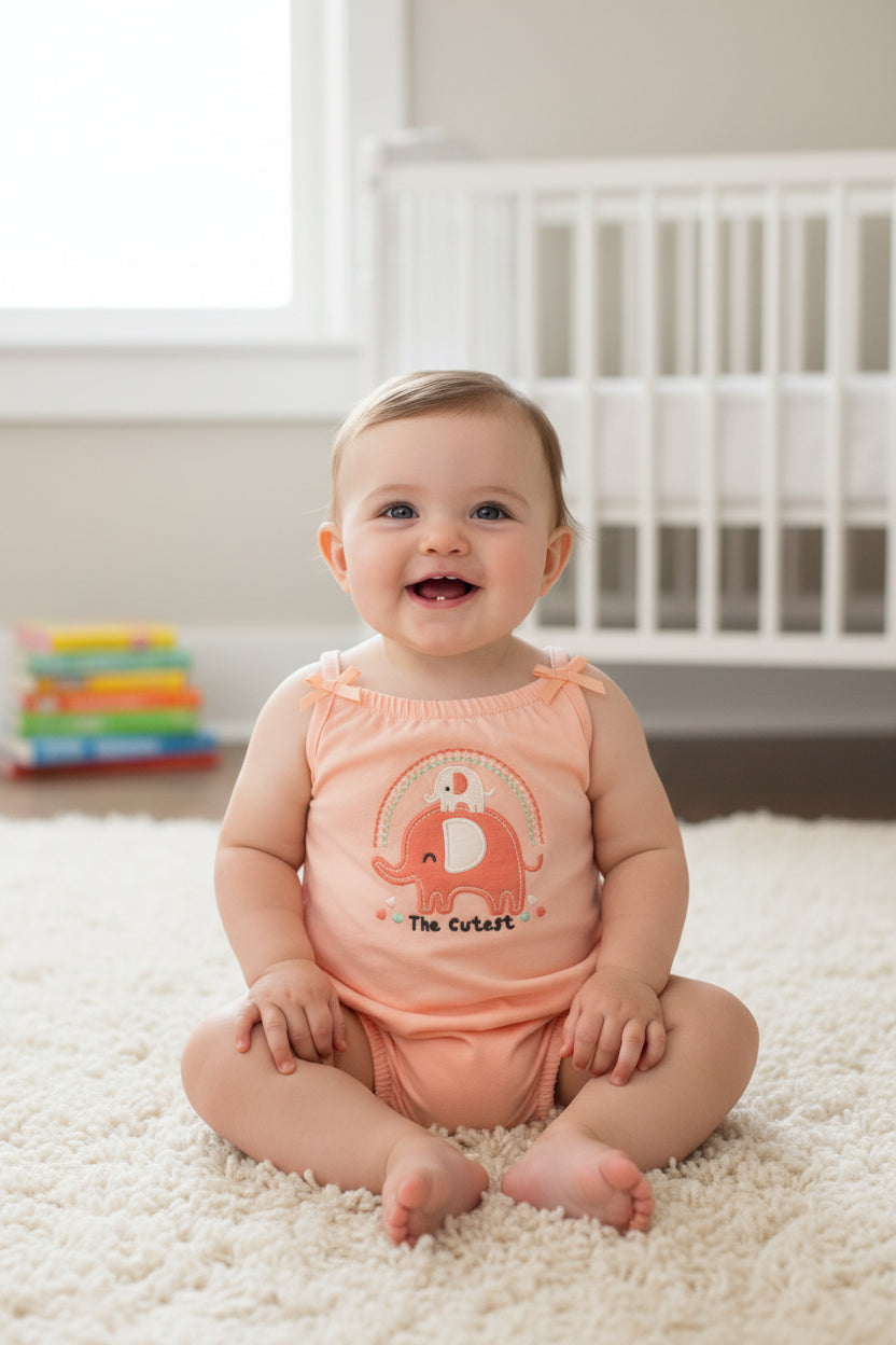 Peach-colored baby romper with elephant design on a white background