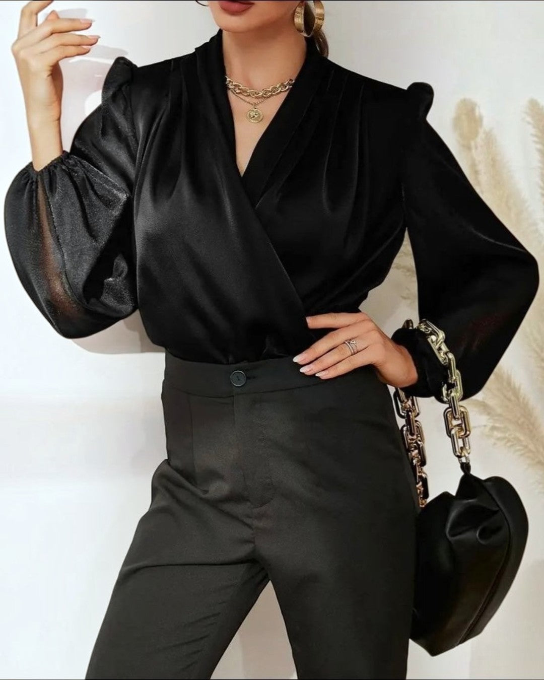 Silky Long Sleeve Blouse - Black