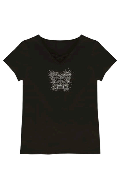 Black t-shirt with a white butterfly design on a white background