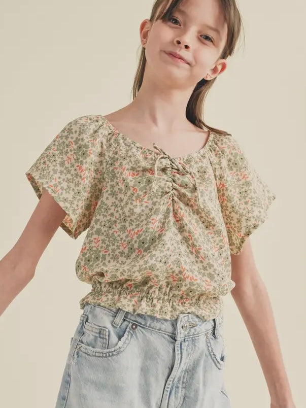 Short Sleeve Cinched Floral Top - Tween - Calla Lily Cosmetics + CL kids