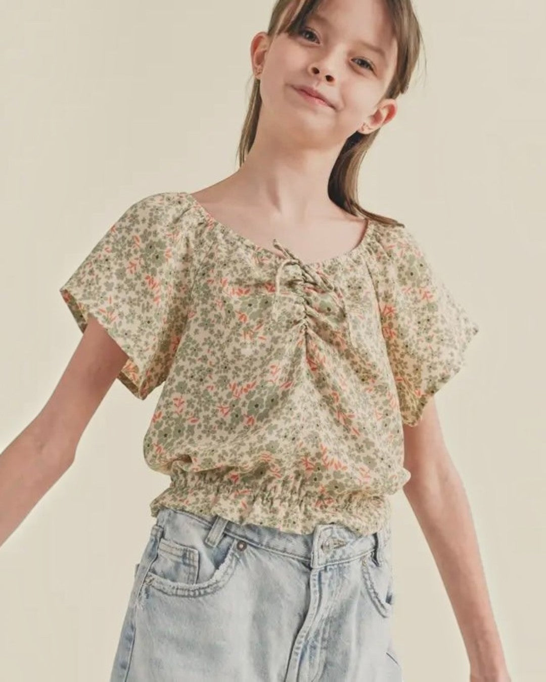 Short Sleeve Cinched Floral Top - Tween - Calla Lily Cosmetics + CL kids
