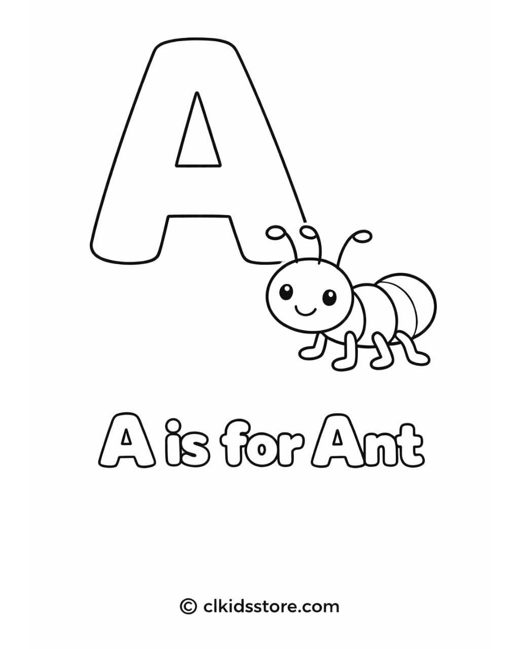 Coloring page with letter 'A' and ant, featuring 'A is for Ant' text.