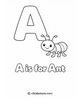 Coloring page with letter 'A' and ant, featuring 'A is for Ant' text.