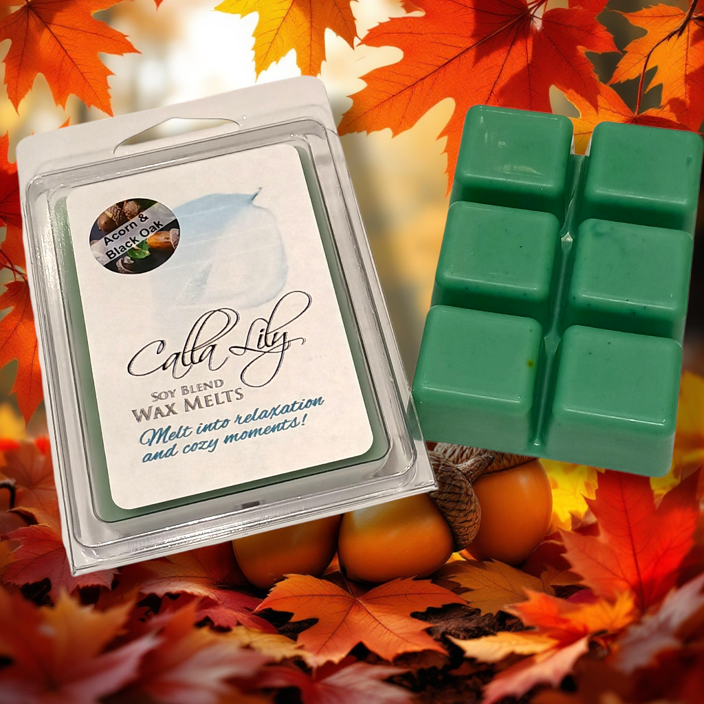 Calla Lily wax melts packaging with wax melts on a background of autumn leaves and acorns.