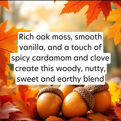 Text overlay on autumn leaves and acorns with descriptive text about a blend.