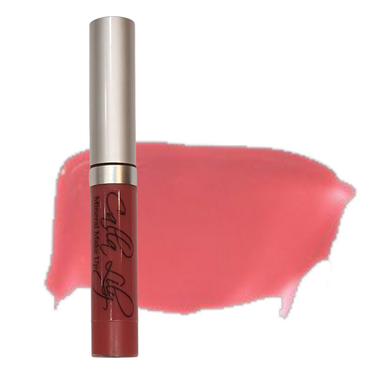 Lip gloss with a swatch of pink color on a white background