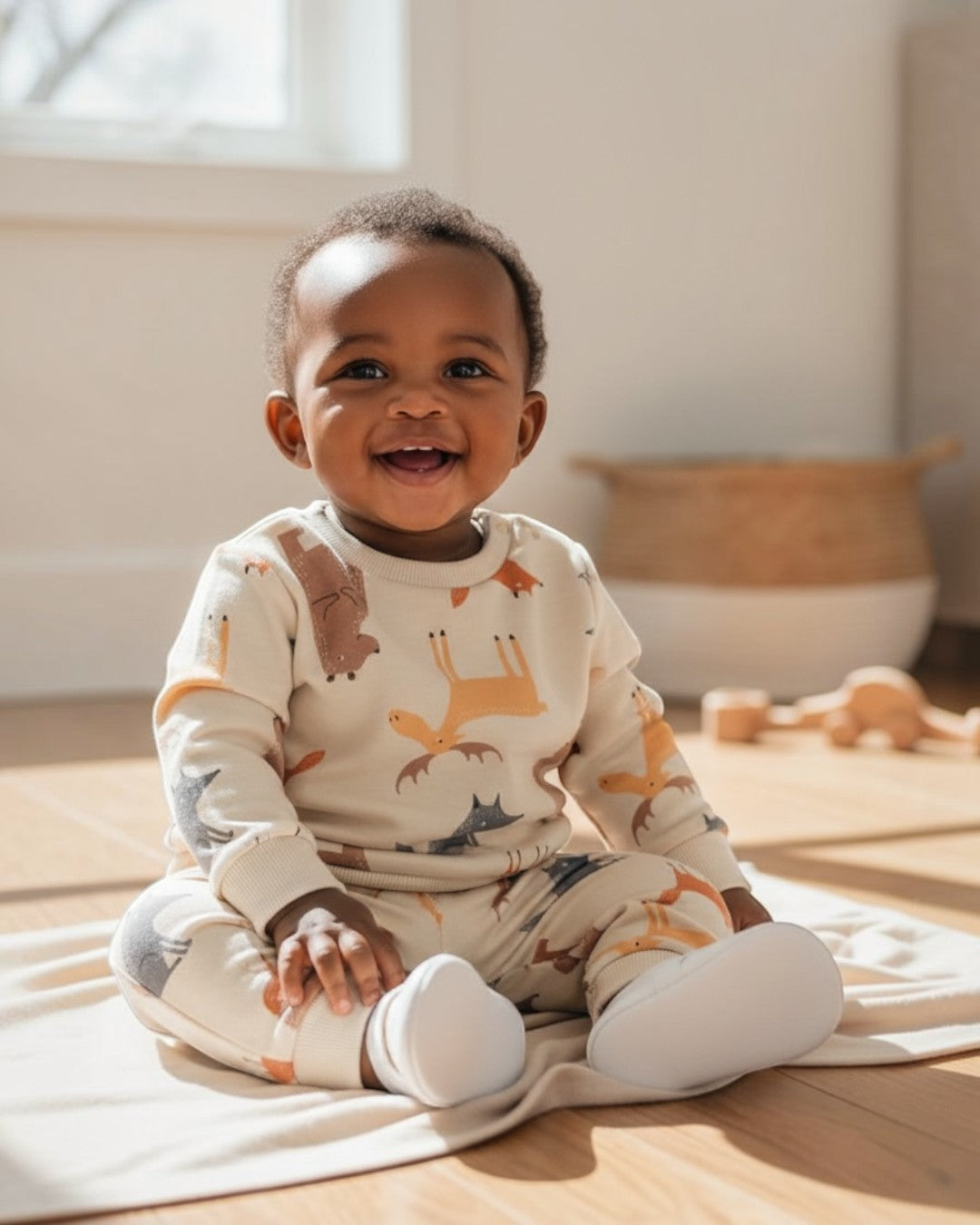 Baby sitting on a wooden floor wearing a patterned onesie in a bright room.