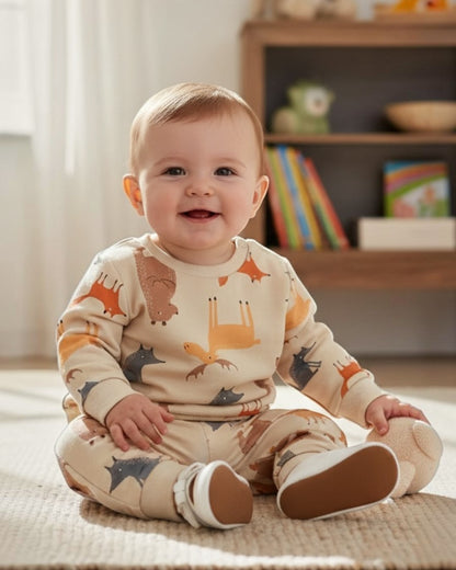 Baby sitting on a rug in a room with toys and books in the background