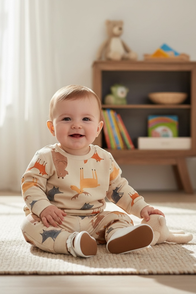 Baby sitting on a rug in a room with toys and books in the background