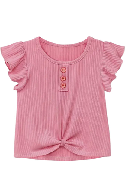 Pink ribbed top with ruffled sleeves and a knot detail on a white background