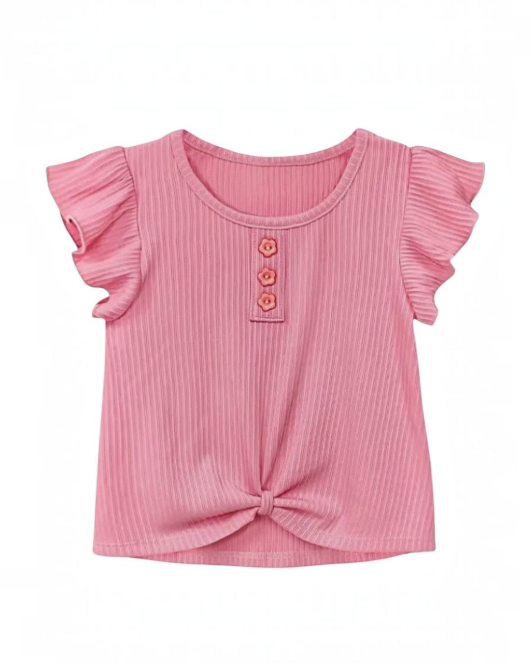 Pink ribbed top with ruffled sleeves and a knot detail on a white background