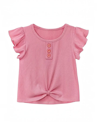 Pink ribbed top with ruffled sleeves and a knot detail on a white background
